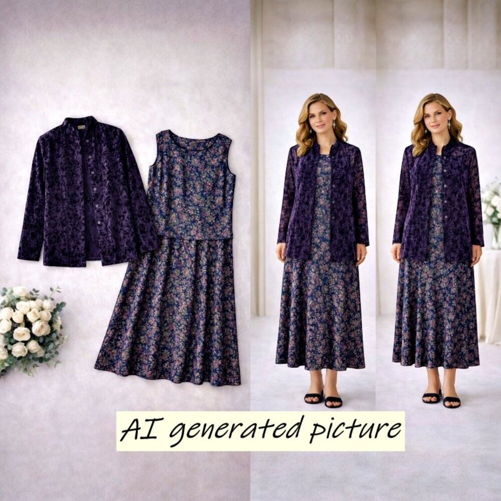 VTG 90s 3pc Velvet Burnout Overshirt Floral Midaxi Skirt Set L Purple Formal MOB